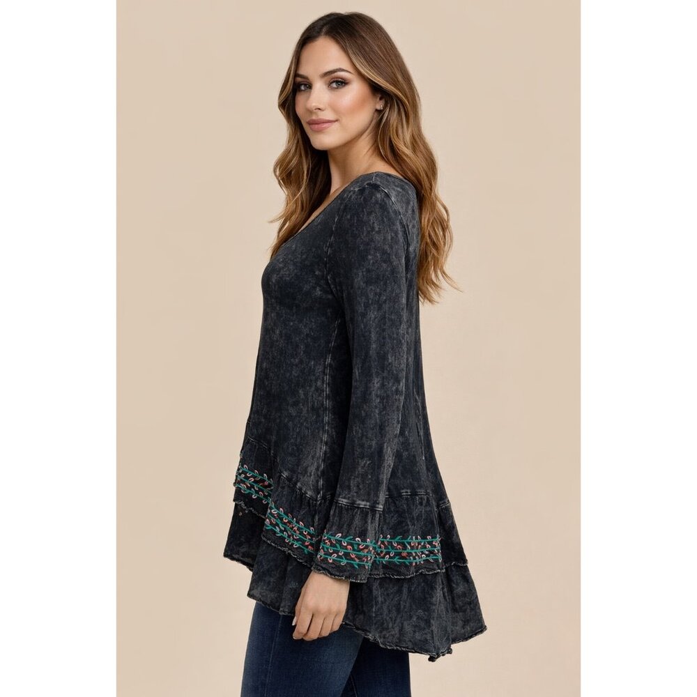 Black Acid Washed Embroidered Tiered Hem Tunic | Whimsigoth Boho Dark Academia M - Picture 5 of 11